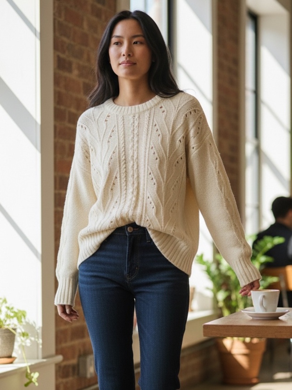 J. Crew Off-White Pointelle Cable Front Sweater Size XL